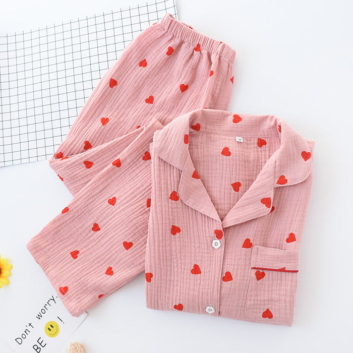 Color-Cameo Brown Red Heart Crepe Suit-Women Cotton Crepe Pajamas Set Spring Autumn Thin Double-Layer Gauze Long-Sleeved Trousers Collared Soft Homewear-Fancey Boutique