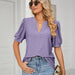Color-Summer Casual V Neck Solid Color Hollow Out Cutout Puff Sleeve Loose Fitting T Shirt Top Women-Fancey Boutique