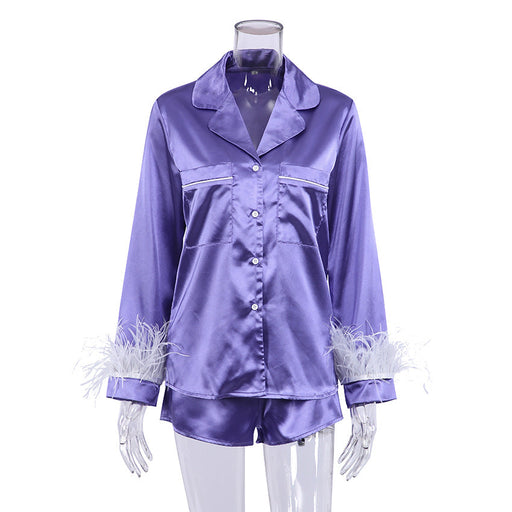 Color-Purple-Fall Christmas Artificial Silk Blue Feather Detachable Long Sleeve Shorts Pajamas Women French Homewear-Fancey Boutique