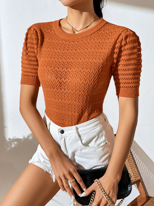 Color-Orange-Hollow Out Cutout Spring Summer Pullover Sweater Women Short Sleeve Solid Color Women Knitwear-Fancey Boutique
