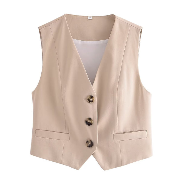 Color-Spring Women Clothing V neck Sleeveless Short Buckle Vest Small Coat Women-Fancey Boutique