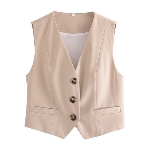 Color-Khaki-Spring Women Clothing V neck Sleeveless Short Buckle Vest Small Coat Women-Fancey Boutique