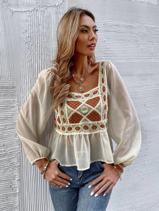 Color-Women Spring Fall Elegant Regular Long Sleeve Color Block Patchwork Blouses-Fancey Boutique