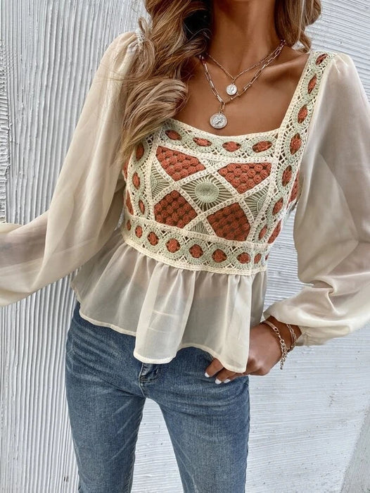 Color-Women Spring Fall Elegant Regular Long Sleeve Color Block Patchwork Blouses-Fancey Boutique