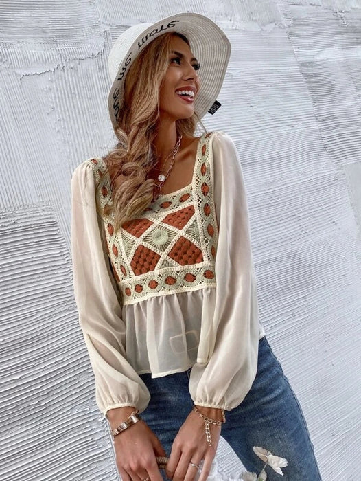 Color-Women Spring Fall Elegant Regular Long Sleeve Color Block Patchwork Blouses-Fancey Boutique