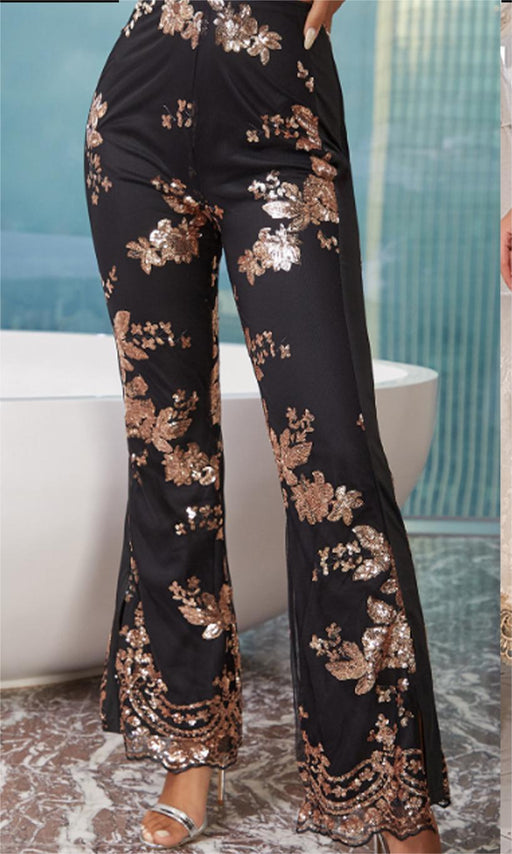 Color-Private Clothing Socialite Sequin Embroidered Slim Fit Slit Flared Pants Women-Fancey Boutique