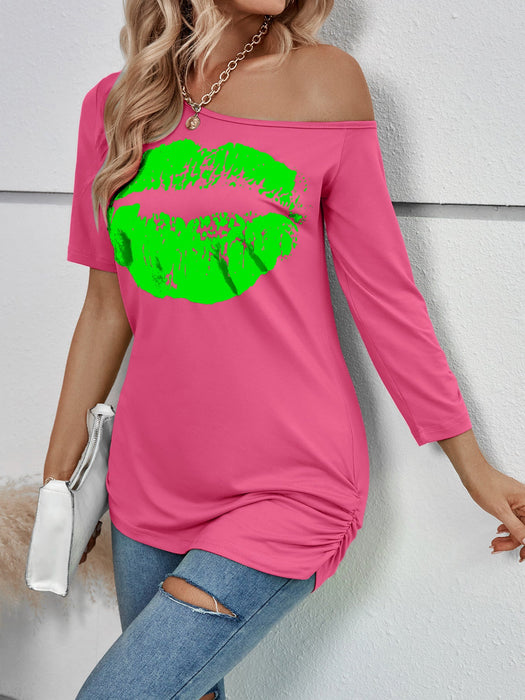 Color-Lip Printings Short Sleeved T shirt Women off Shoulder Irregular Asymmetric Sleeve Length Slim Top Summer-Fancey Boutique