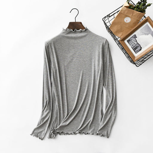 Color-Light Gray-Spring Summer Thread Wooden Ear Turtleneck Bottoming Shirt Women Long Sleeved T Shirt Women Stretch Solid Color Underwear Top-Fancey Boutique