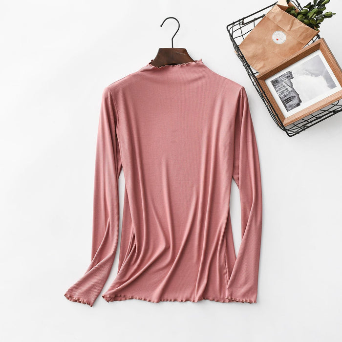 Color-Skin Pink-Spring Summer Thread Wooden Ear Turtleneck Bottoming Shirt Women Long Sleeved T Shirt Women Stretch Solid Color Underwear Top-Fancey Boutique