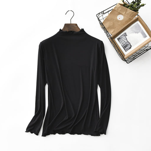 Color-Black-Spring Summer Thread Wooden Ear Turtleneck Bottoming Shirt Women Long Sleeved T Shirt Women Stretch Solid Color Underwear Top-Fancey Boutique