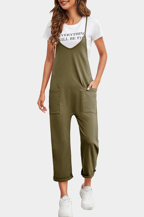 Color-Spring Women Casual Pocket Trousers Solid Color Loose Sling Straight Jumpsuit-Fancey Boutique
