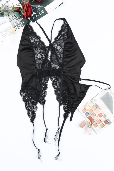 Color-Black Lace Satin Deep V Plunge neck Corset T Back Sexy Underwear Suit-Fancey Boutique