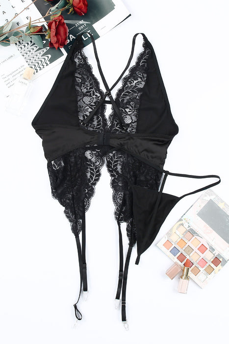 Color-Black Lace Satin Deep V Plunge neck Corset T Back Sexy Underwear Suit-Fancey Boutique