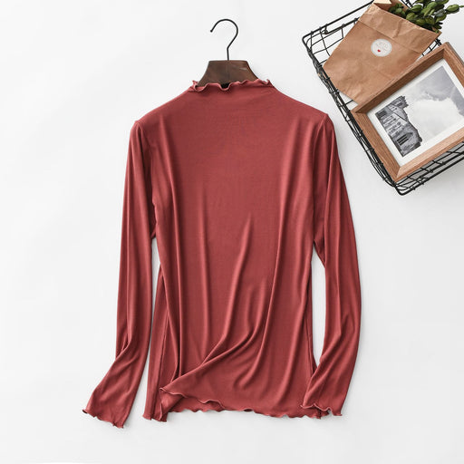 Color-Brick Red-Spring Summer Thread Wooden Ear Turtleneck Bottoming Shirt Women Long Sleeved T Shirt Women Stretch Solid Color Underwear Top-Fancey Boutique