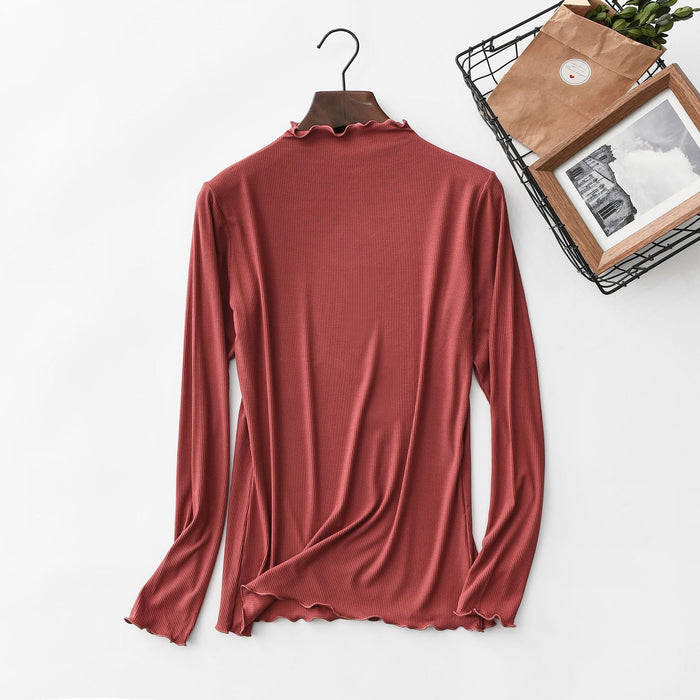 Color-Brick Red-Spring Summer Thread Wooden Ear Turtleneck Bottoming Shirt Women Long Sleeved T Shirt Women Stretch Solid Color Underwear Top-Fancey Boutique