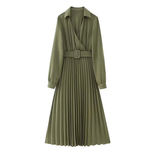 Color-Green-Women Clothing Winter V neck Belt Pleated Dress-Fancey Boutique