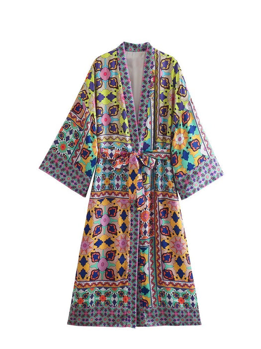 Color-Multi-Women Clothing Summer Printed Lace up Kimono TrenchCoats Women-Fancey Boutique