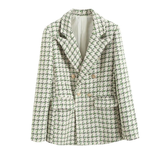 Color-Green-Early Spring Women Clothing Lattice Textured Double Breasted Blazer-Fancey Boutique
