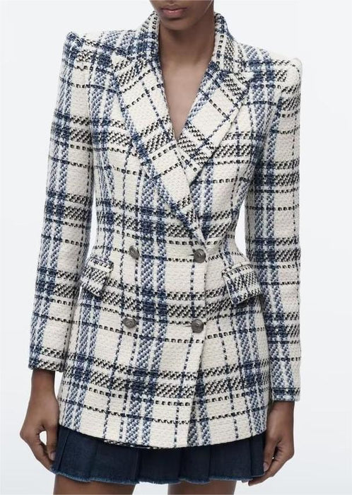 Color-Autumn Winter Double Breasted Printing Plaid Wool Coat Blazer-Fancey Boutique