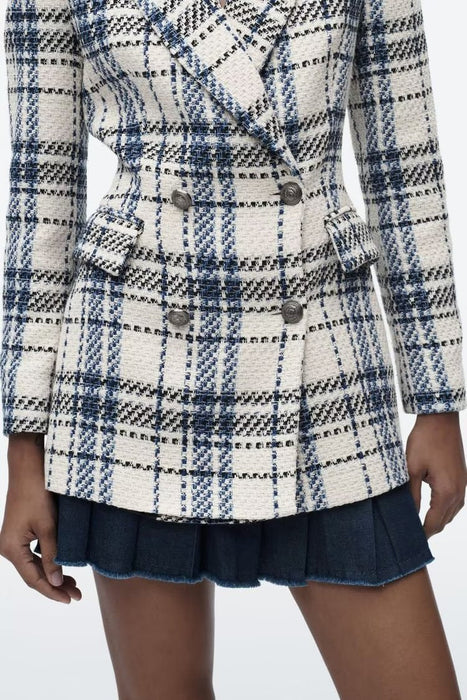 Color-Autumn Winter Double Breasted Printing Plaid Wool Coat Blazer-Fancey Boutique