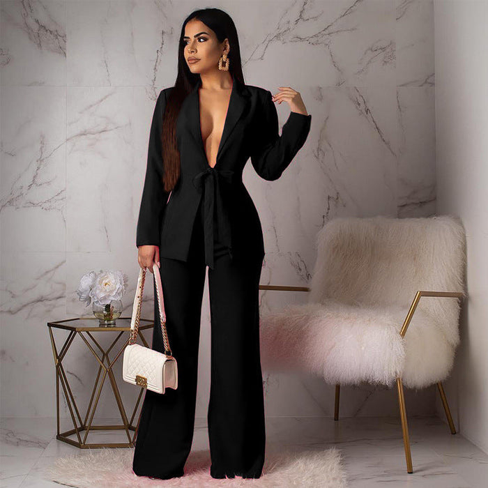 Color-Black-Waist-Controlled Lace-up Small Suit Casual Professional Women Two-Piece Suit Blazer-Fancey Boutique