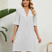 Color-Summer Solid Color V neck Loose Pleated Half Length Sleeve Dress Women-Fancey Boutique