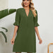 Color-Summer Solid Color V neck Loose Pleated Half Length Sleeve Dress Women-Fancey Boutique