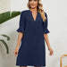 Color-Summer Solid Color V neck Loose Pleated Half Length Sleeve Dress Women-Fancey Boutique