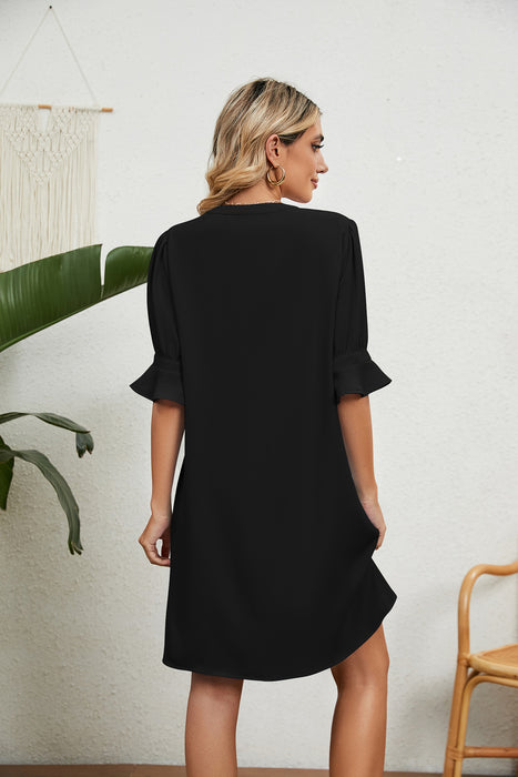 Color-Summer Solid Color V neck Loose Pleated Half Length Sleeve Dress Women-Fancey Boutique