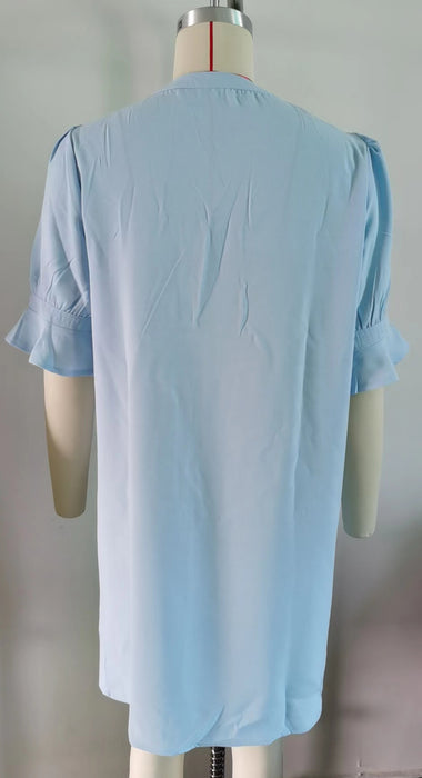 Color-Summer Solid Color V neck Loose Pleated Half Length Sleeve Dress Women-Fancey Boutique