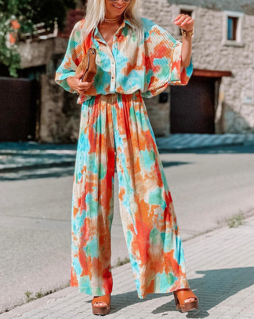 Color-Blue Halo-Ladies Casual Bohemian Blooming Loose Wide Leg Jumpsuit-Fancey Boutique