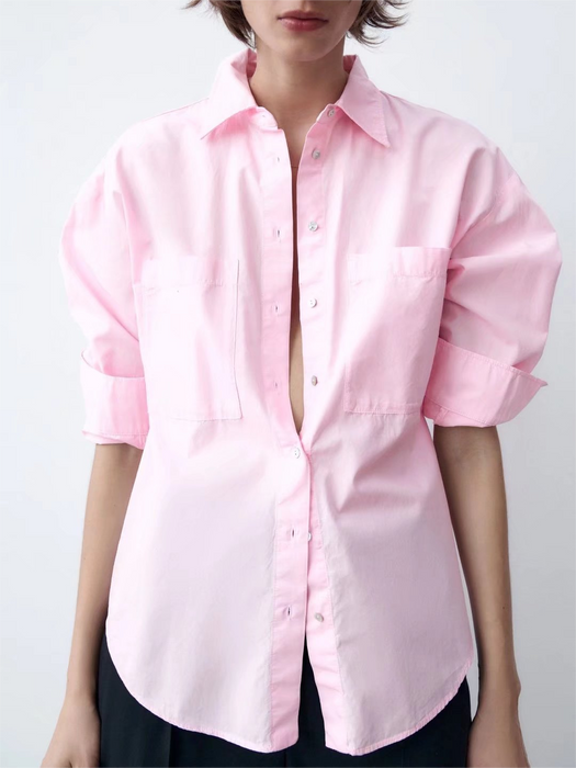 Color-Spring Fall Women Clothing Office Casual Solid Pink Green Shirt-Fancey Boutique