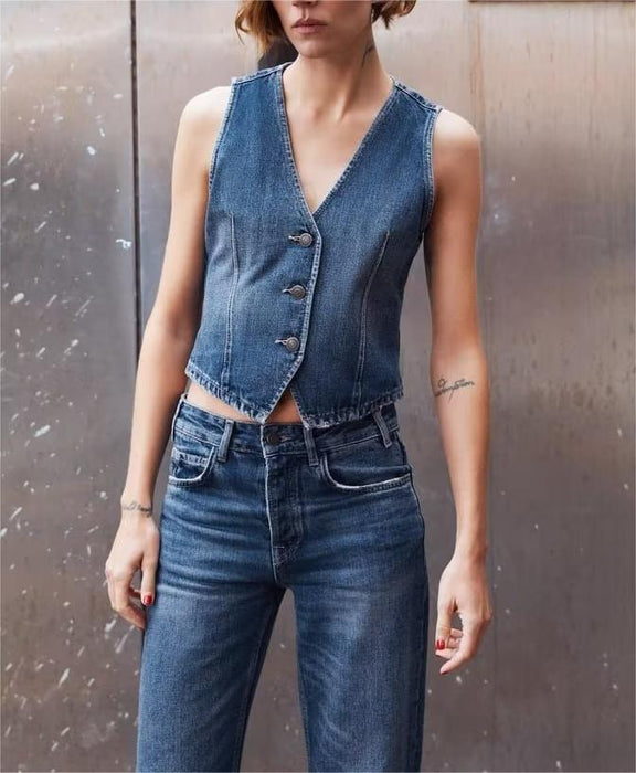 Color-Winter Women Street Denim Horse V neck Vest-Fancey Boutique