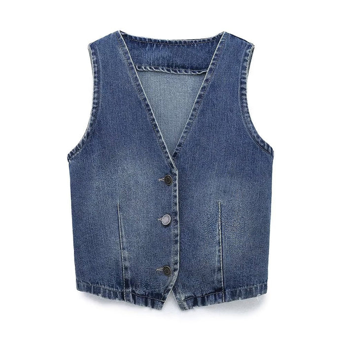 Color-Blue-Winter Women Street Denim Horse V neck Vest-Fancey Boutique