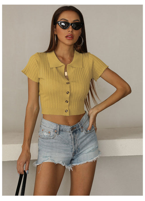 Color-Summer Solid Color Polo Collar Short-Sleeved T-shirt Women Slim Knit Bottoming Shirt-Fancey Boutique