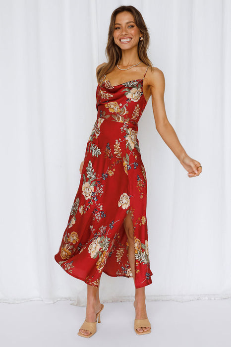 Color-Burgundy-Women Summer Vacation Floral Cami Maxi A Line Dress-Fancey Boutique