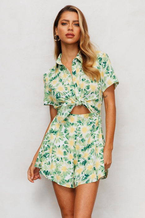 Color-Women Summer Vacation Floral Short Sleeve Tie Rompers-Fancey Boutique