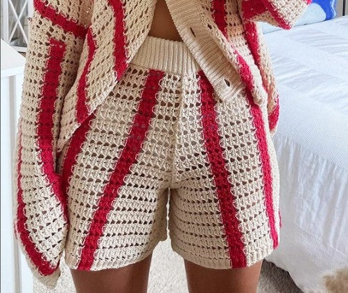 Color-Red Pants-Autumn Sweet Casual Striped Hollow Out Cutout Two Piece Knitted Cardigan Women Coat-Fancey Boutique