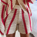 Color-Red Pants-Autumn Sweet Casual Striped Hollow Out Cutout Two Piece Knitted Cardigan Women Coat-Fancey Boutique