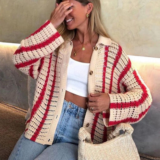 Color-Red Top-Autumn Sweet Casual Striped Hollow Out Cutout Two Piece Knitted Cardigan Women Coat-Fancey Boutique