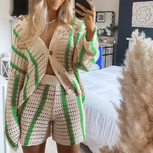 Color-Green-Autumn Sweet Casual Striped Hollow Out Cutout Two Piece Knitted Cardigan Women Coat-Fancey Boutique
