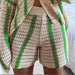 Color-Green Pants-Autumn Sweet Casual Striped Hollow Out Cutout Two Piece Knitted Cardigan Women Coat-Fancey Boutique