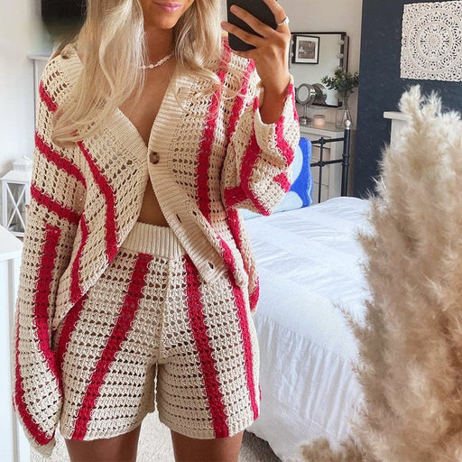 Color-Autumn Sweet Casual Striped Hollow Out Cutout Two Piece Knitted Cardigan Women Coat-Fancey Boutique