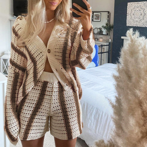 Color-Autumn Sweet Casual Striped Hollow Out Cutout Two Piece Knitted Cardigan Women Coat-Fancey Boutique