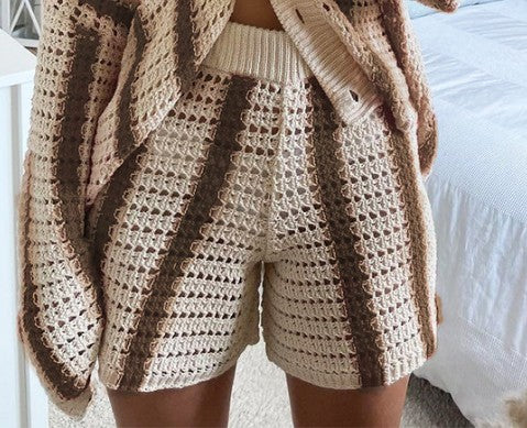 Color-Brown Pants-Autumn Sweet Casual Striped Hollow Out Cutout Two Piece Knitted Cardigan Women Coat-Fancey Boutique