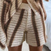 Color-Brown Pants-Autumn Sweet Casual Striped Hollow Out Cutout Two Piece Knitted Cardigan Women Coat-Fancey Boutique
