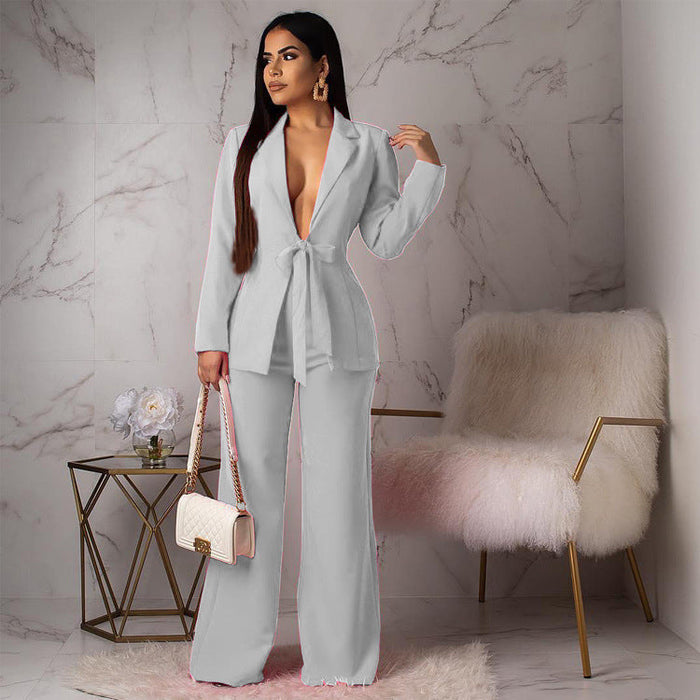 Color-White-Waist-Controlled Lace-up Small Suit Casual Professional Women Two-Piece Suit Blazer-Fancey Boutique