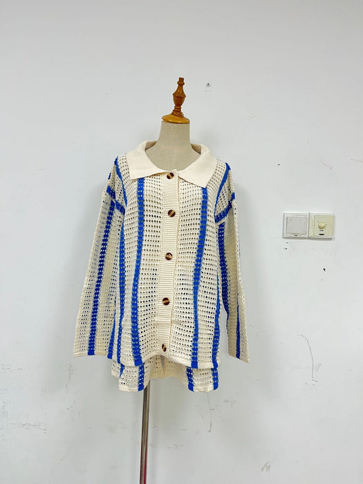 Color-Blue Pants-Autumn Sweet Casual Striped Hollow Out Cutout Two Piece Knitted Cardigan Women Coat-Fancey Boutique