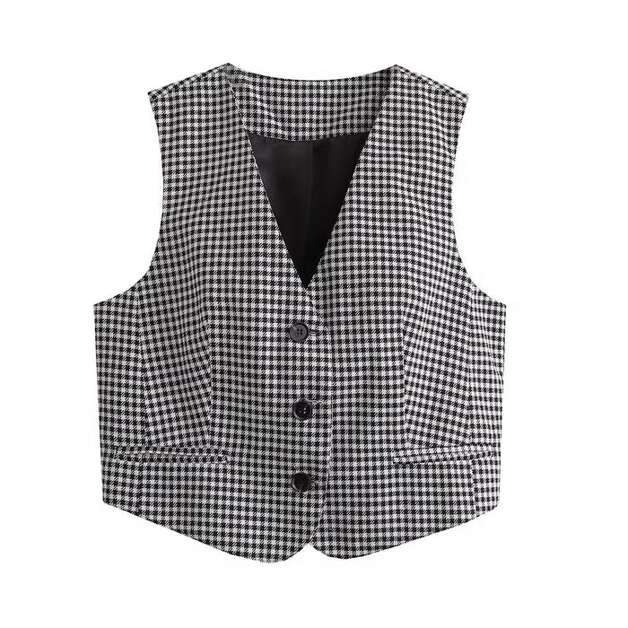 Color-Autumn Winter Black White Lattice Pattern Sleeveless Coat Women Office Casual Button Vest-Fancey Boutique