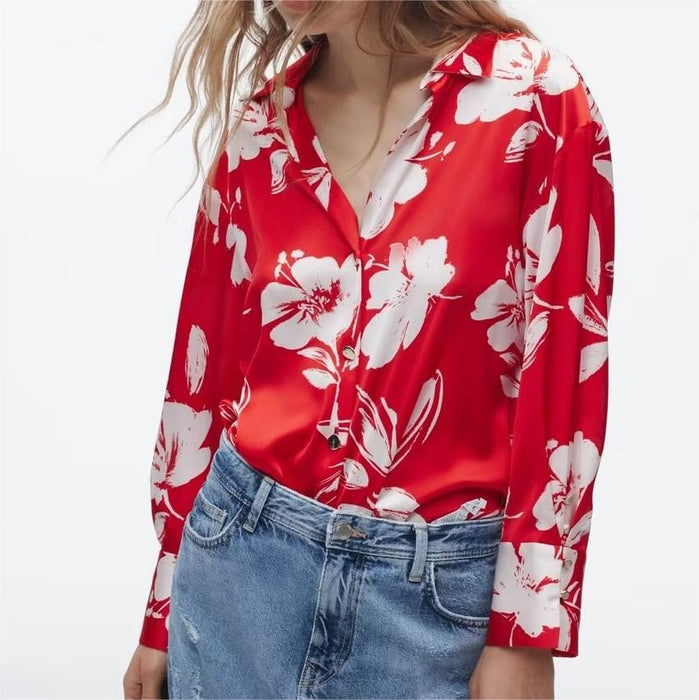 Color-Spring Summer Women Silk Satin Texture Button Decoration Red Floral Print Shirt-Fancey Boutique